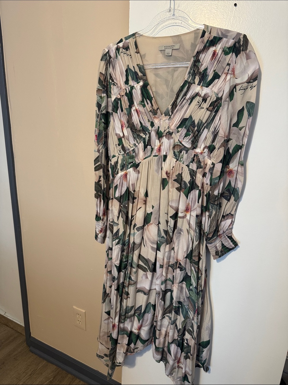 All Saints Cream Floral Long Sleeve Pleated Midi Dress